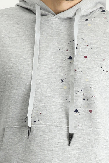 Açık Gri Melanj Slim Fit Dar Kesim Kapüşonlu Baskılı Pamuklu Sweatshirt