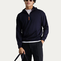 Koyu Lacivert Kapüşonlu Yarım Fermuarlı Oversize Pamuklu Sweatshirt