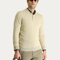 Medium Beige Polo Collar Regular Fit Cotton Knit Sweater