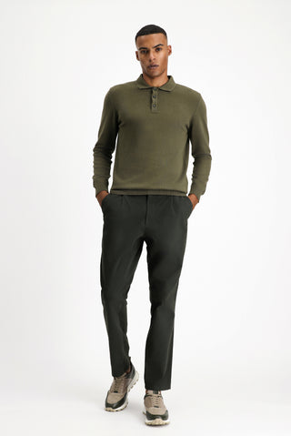 Orta Haki Polo Yaka Regular Fit Pamuklu Triko Kazak