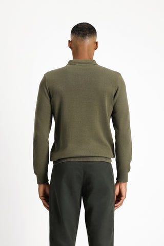 Orta Haki Polo Yaka Regular Fit Pamuklu Triko Kazak
