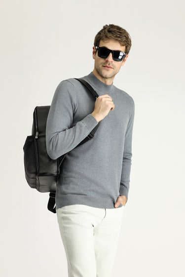 Orta Gri Melanj Yarım Balıkçı Yaka Regular Fit Pamuklu Triko Kazak