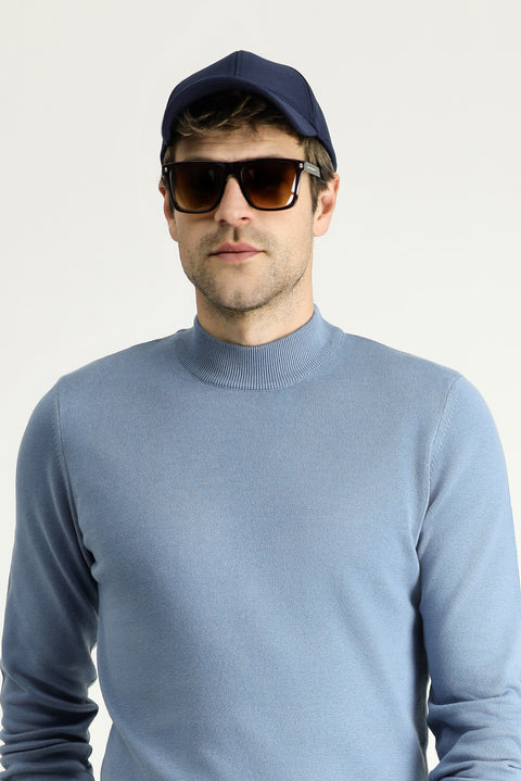 Aviator Blue Half Turtleneck Regular Fit Cotton Knit Sweater