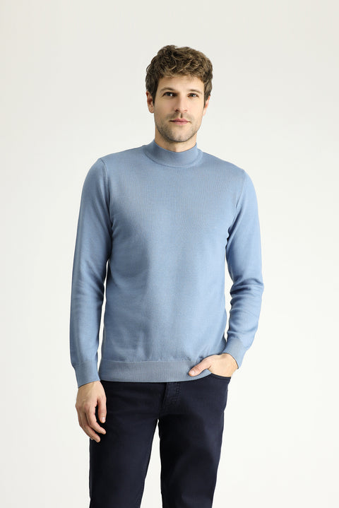 Aviator Blue Half Turtleneck Regular Fit Cotton Knit Sweater
