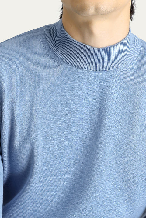 Aviator Blue Half Turtleneck Regular Fit Cotton Knit Sweater