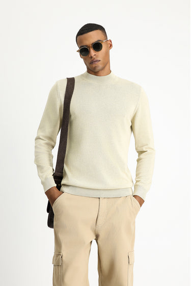 Orta Bej Yarım Balıkçı Yaka Regular Fit Pamuklu Triko Kazak