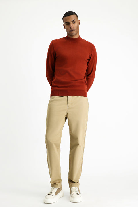 Tile-colored Half Turtleneck Regular Fit Cotton Knit Sweater