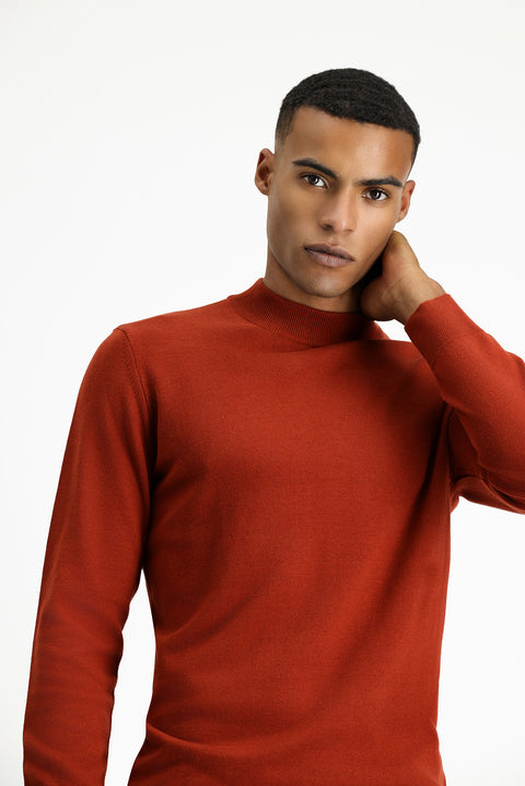 Tile-colored Half Turtleneck Regular Fit Cotton Knit Sweater
