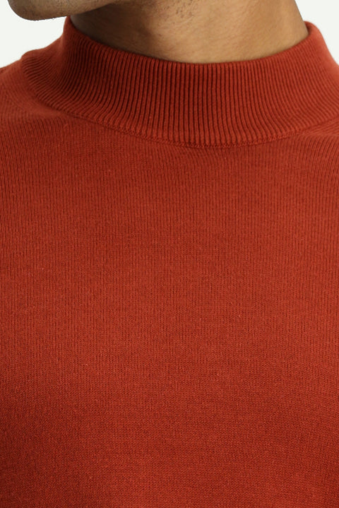 Tile-colored Half Turtleneck Regular Fit Cotton Knit Sweater