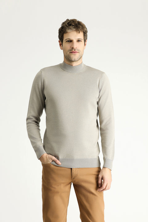 Medium Mink Half Turtleneck Regular Fit Cotton Knit Sweater