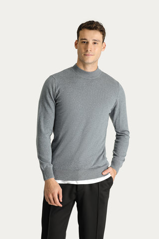 Orta Gri Melanj Yarım Balıkçı Yaka Slim Fit Dar Kesim Pamuklu Triko Kazak