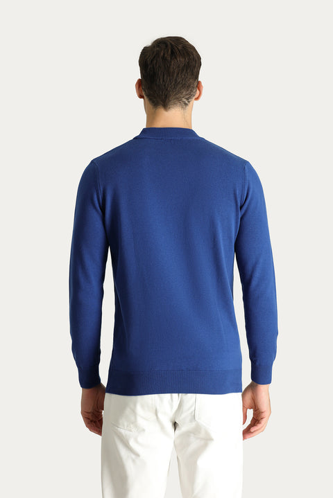 Indigo Semi-Turtleneck Slim Fit Narrow Cut Cotton Knit Sweater