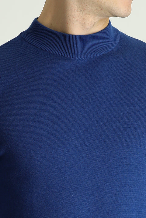 Indigo Semi-Turtleneck Slim Fit Narrow Cut Cotton Knit Sweater
