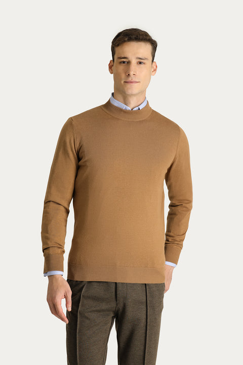 Camel Yarım Balıkçı Yaka Slim Fit Dar Kesim Pamuklu Triko Kazak