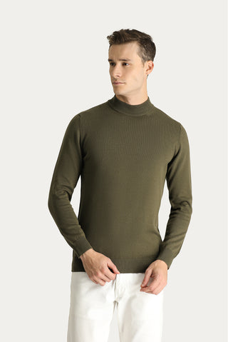 Orta Haki Yarım Balıkçı Yaka Slim Fit Dar Kesim Pamuklu Triko Kazak