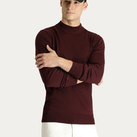 Dark Burgundy Semi-Turtleneck Slim Fit Narrow Cut Cotton Knit Sweater
