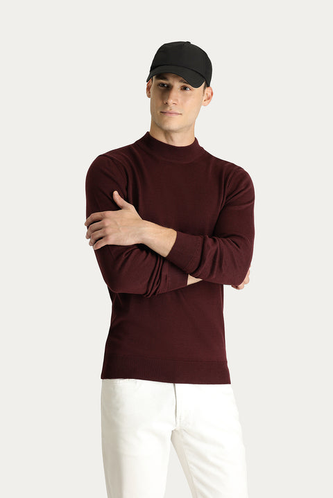 Dark Burgundy Semi-Turtleneck Slim Fit Narrow Cut Cotton Knit Sweater