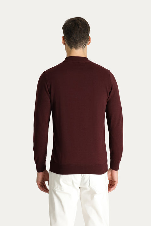Dark Burgundy Semi-Turtleneck Slim Fit Narrow Cut Cotton Knit Sweater