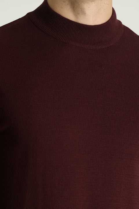 Dark Burgundy Semi-Turtleneck Slim Fit Narrow Cut Cotton Knit Sweater