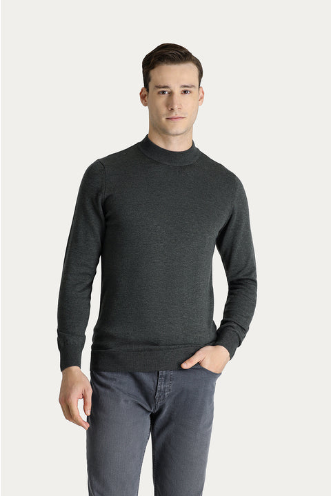 Dark Anthracite Melange Semi-Turtleneck Slim Fit Narrow Cut Cotton Knit Sweater