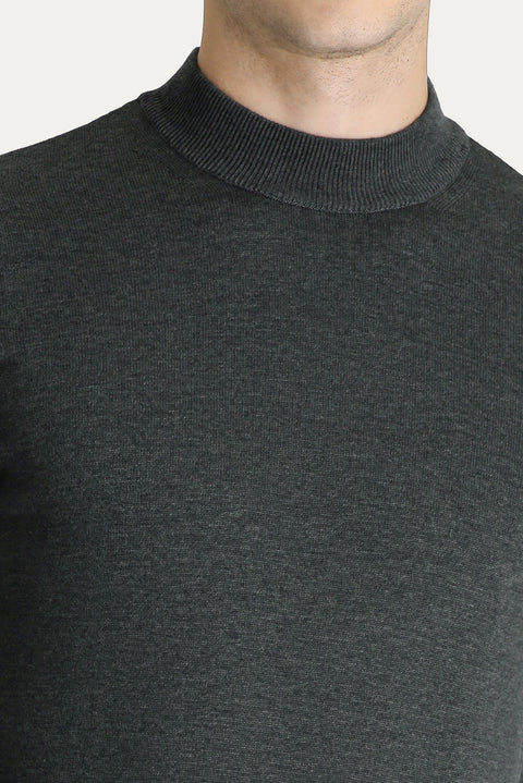 Dark Anthracite Melange Semi-Turtleneck Slim Fit Narrow Cut Cotton Knit Sweater