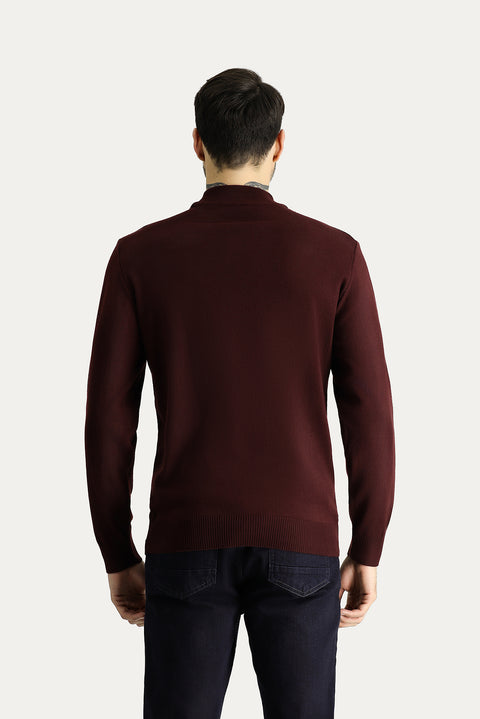 Koyu Bordo Yarım Balıkçı Yaka Slim Fit Dar Kesim Pamuklu Triko Kazak