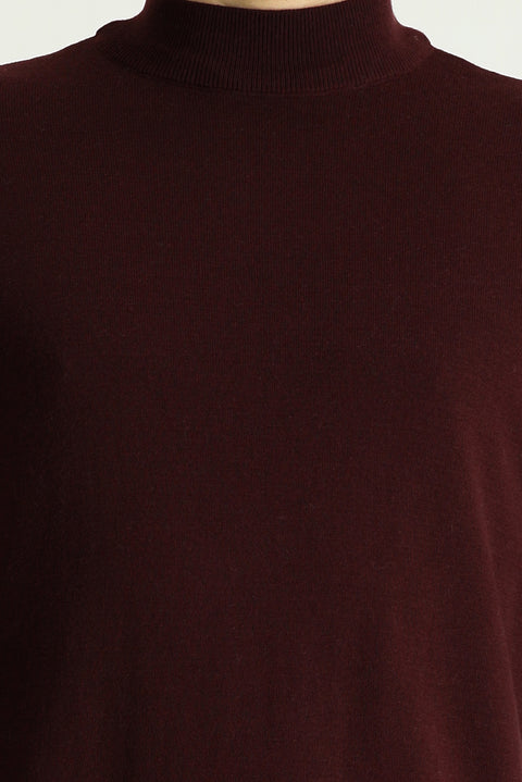 Koyu Bordo Yarım Balıkçı Yaka Slim Fit Dar Kesim Pamuklu Triko Kazak