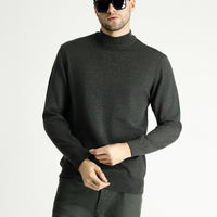 Dark Anthracite Semi-Turtleneck Slim Fit Narrow Cut Cotton Knit Sweater