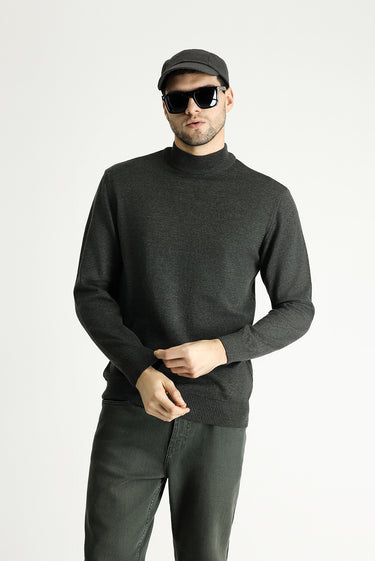Koyu Antrasit Yarım Balıkçı Yaka Slim Fit Dar Kesim Pamuklu Triko Kazak