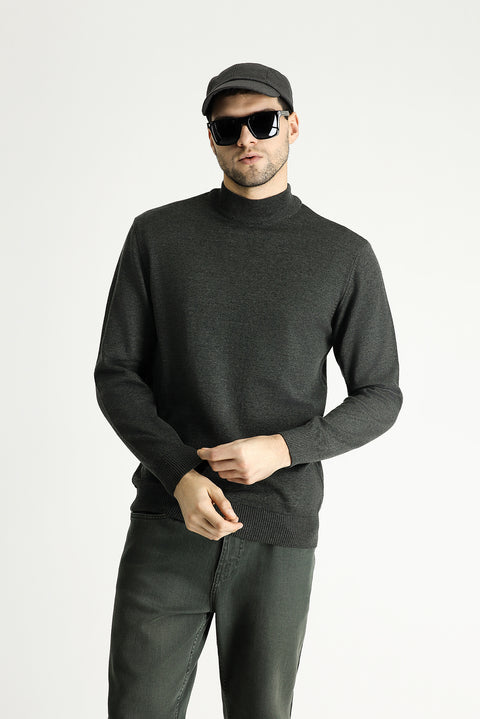 Dark Anthracite Semi-Turtleneck Slim Fit Narrow Cut Cotton Knit Sweater