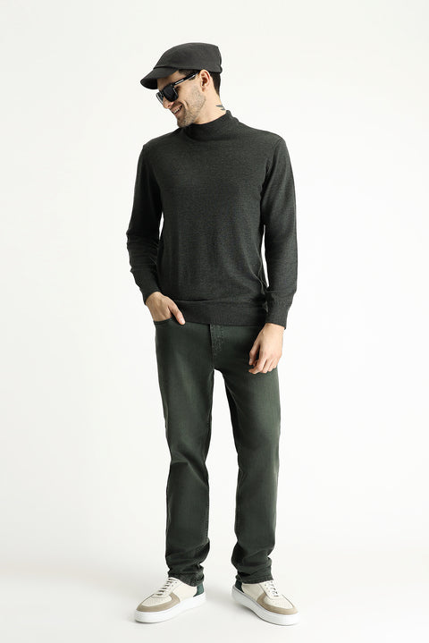 Dark Anthracite Semi-Turtleneck Slim Fit Narrow Cut Cotton Knit Sweater