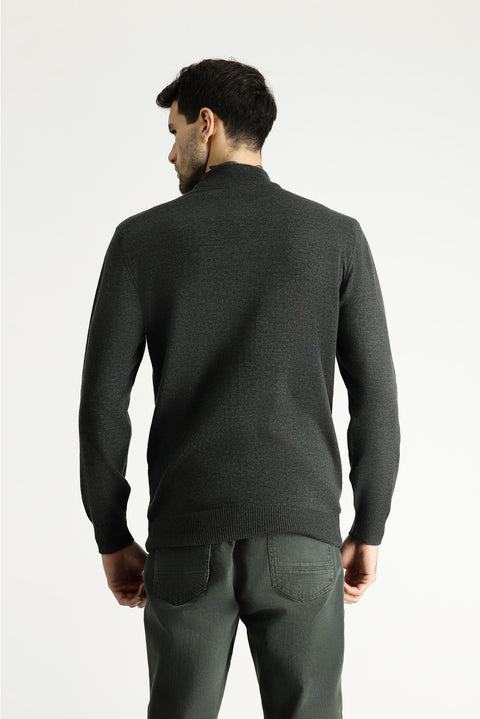 Dark Anthracite Semi-Turtleneck Slim Fit Narrow Cut Cotton Knit Sweater