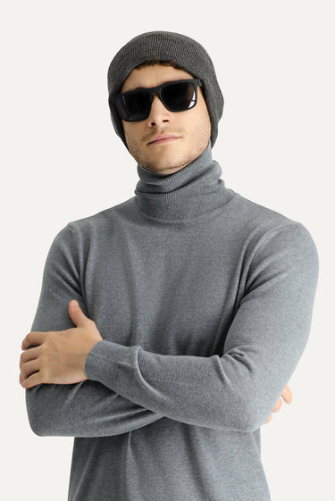 Orta Gri Melanj Balıkçı Yaka Regular Fit Pamuklu Triko Kazak