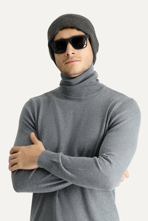 Medium Grey Melange Turtleneck Regular Fit Cotton Knit Sweater