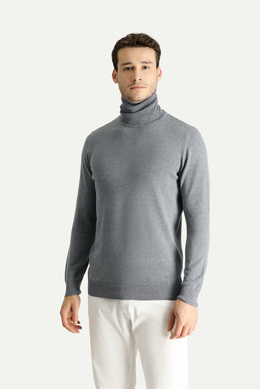 Orta Gri Melanj Balıkçı Yaka Regular Fit Pamuklu Triko Kazak