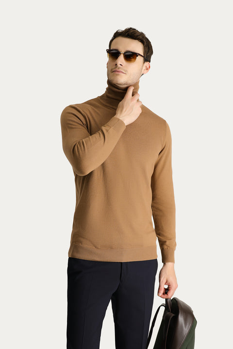 Camel Turtleneck Regular Fit Cotton Knit Sweater