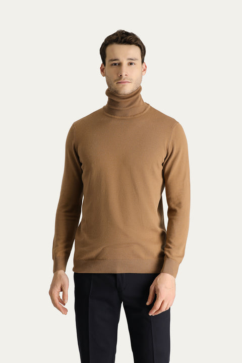 Camel Turtleneck Regular Fit Cotton Knit Sweater