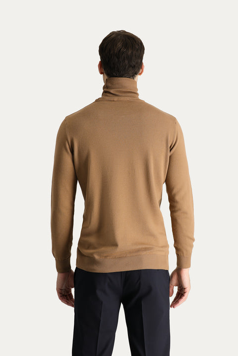 Camel Turtleneck Regular Fit Cotton Knit Sweater