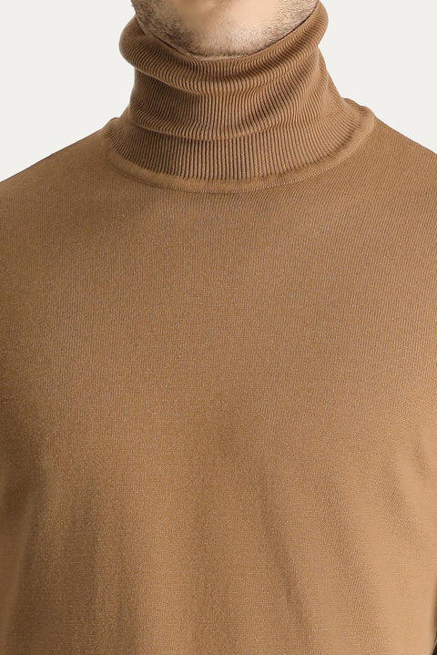 Camel Turtleneck Regular Fit Cotton Knit Sweater