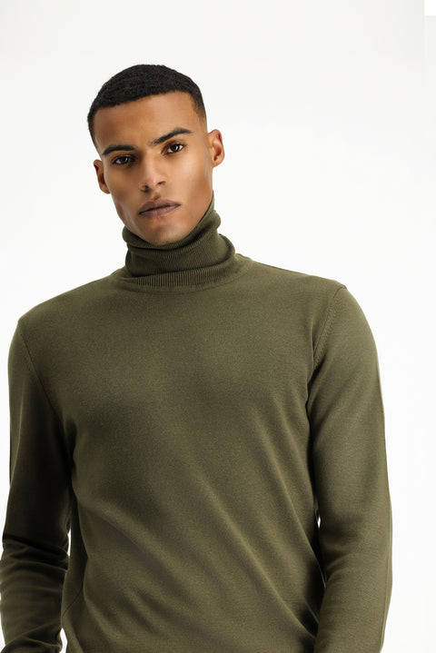 Medium Khaki Turtleneck Regular Fit Cotton Knit Sweater