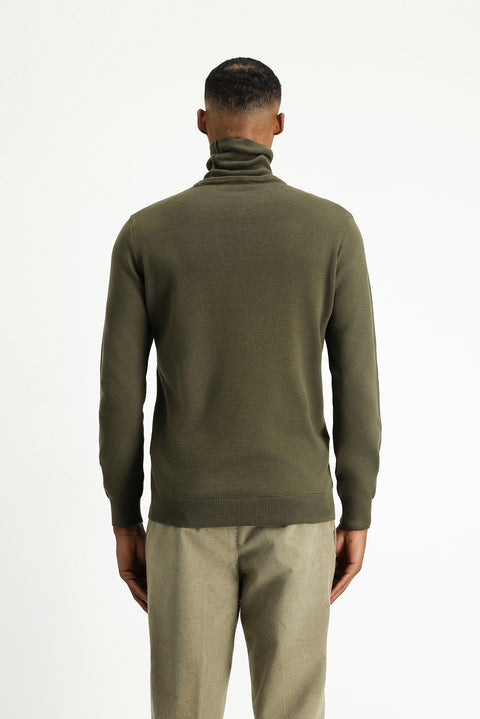 Medium Khaki Turtleneck Regular Fit Cotton Knit Sweater