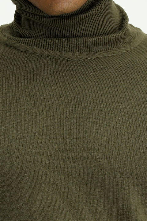 Medium Khaki Turtleneck Regular Fit Cotton Knit Sweater