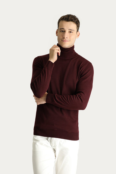 Koyu Bordo Balıkçı Yaka Regular Fit Pamuklu Triko Kazak