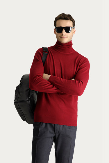 Koyu Kırmızı Balıkçı Yaka Regular Fit Pamuklu Triko Kazak