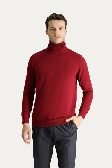 Koyu Kırmızı Balıkçı Yaka Regular Fit Pamuklu Triko Kazak
