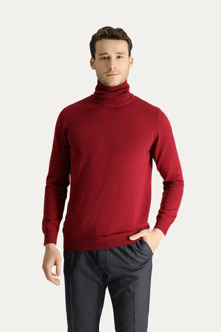 Koyu Kırmızı Balıkçı Yaka Regular Fit Pamuklu Triko Kazak