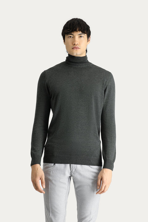 Dark Anthracite Melange Turtleneck Regular Fit Cotton Knit Sweater