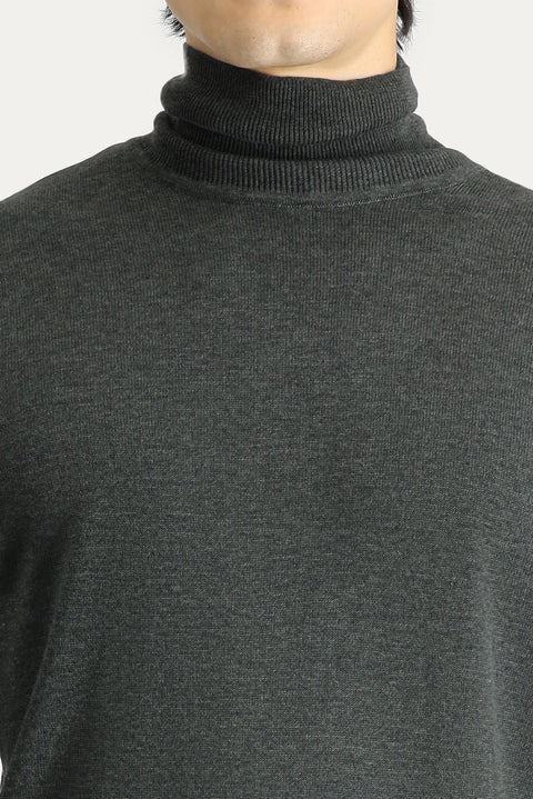 Dark Anthracite Melange Turtleneck Regular Fit Cotton Knit Sweater