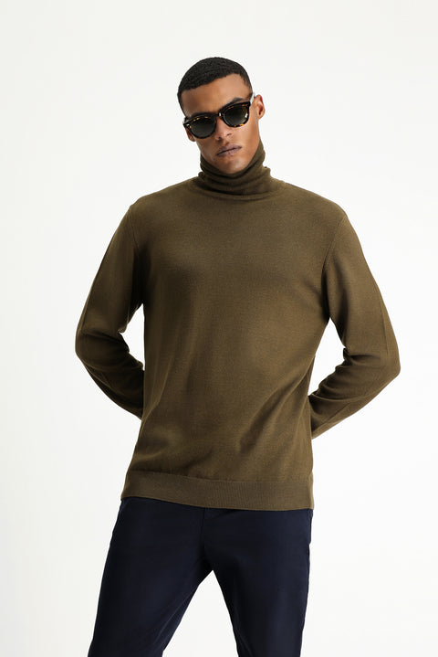 Dark Mink Turtleneck Regular Fit Cotton Knit Sweater