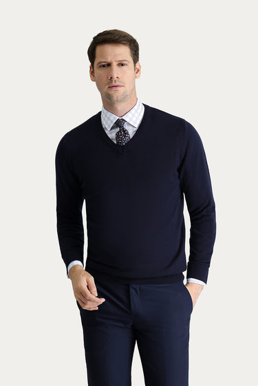 Koyu Lacivert V Yaka Regular Fit Pamuklu Triko Kazak